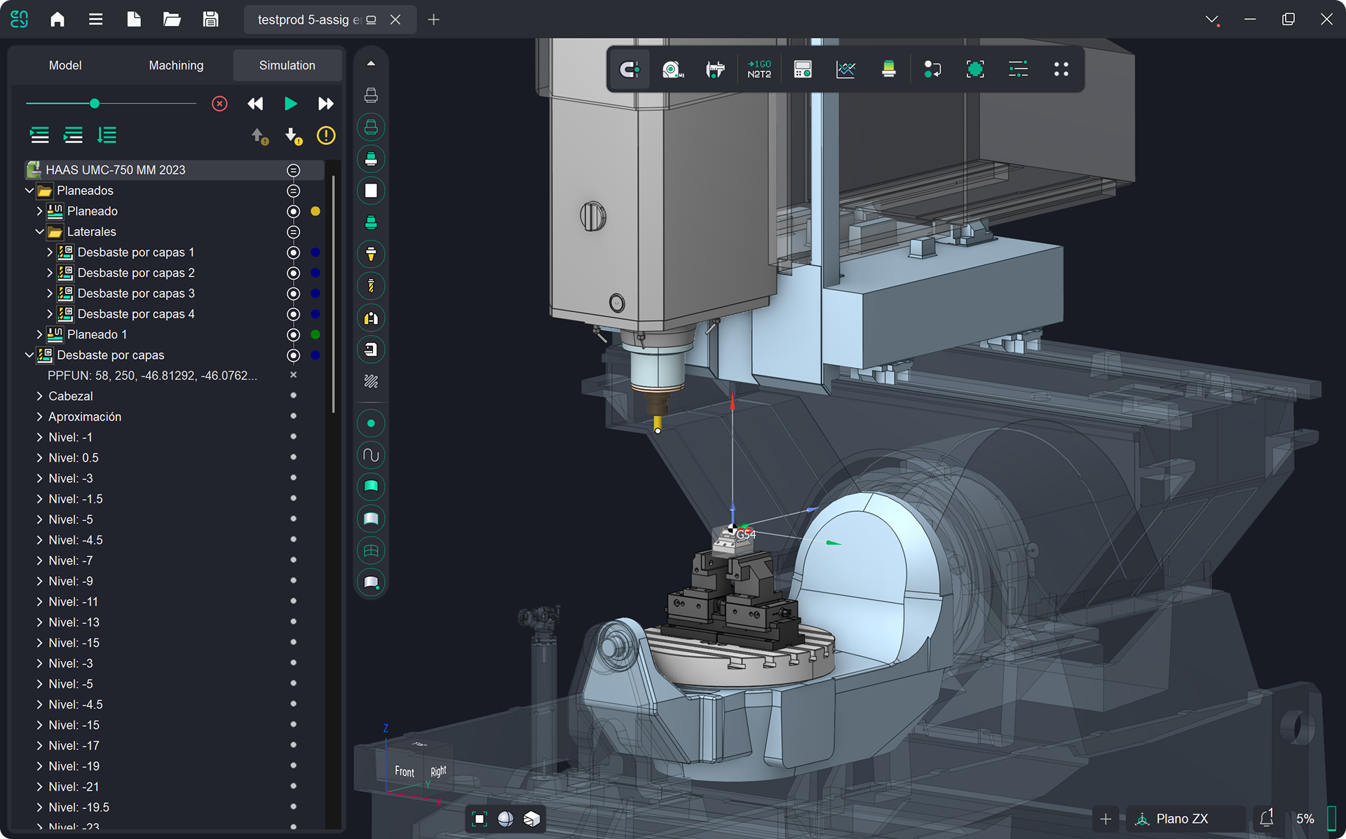 ENCY CAM machine-aware simulation viewport — HAAS UMC-750 5-axis machine rendered with a transparent kinematic envelope around the rotary table, fixture, and workpiece. Operations tree on the left showing the simulation toolpath levels.